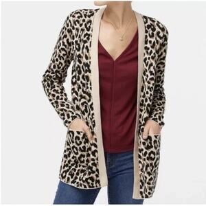 J Crew Cardigan Womens M Leopard Print Long Open Front Cotton Pockets Tan Black
